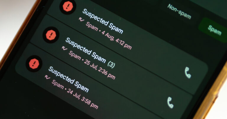 Close-up of a smartphone call log with several suspected spam calls flagged.